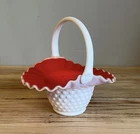 VTG Kanawha Milk Glass Red/White Hobnail Art Glass Basket 7.5"H