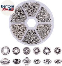 300Pcs 6 Style Antique Silver Spacer Beads, Tibetan Metal Alloy Tube Spacers Flo