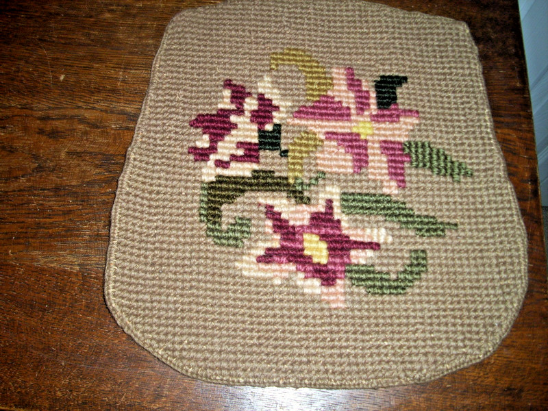 1 Vintage Hooked Chair Pad 14" x 13" x 11 1/2" Tan with Floral Pattern
