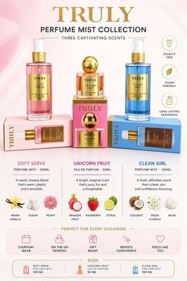 Truly Beauty Perfume Mist Full Size Set ~ Clean Girl ~ Soft Serve~ Unicorn Fruit
