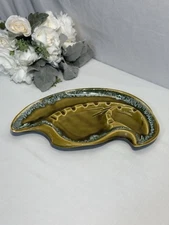 Vintage USA Pottery Huge Avocado Green Ashtray 13" Drip Glaze Ceramic