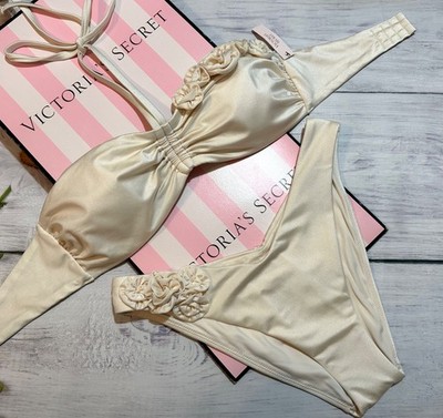 Victoria's Secret Swim Rosette Bandeau Bikini Brazilian Set Cream