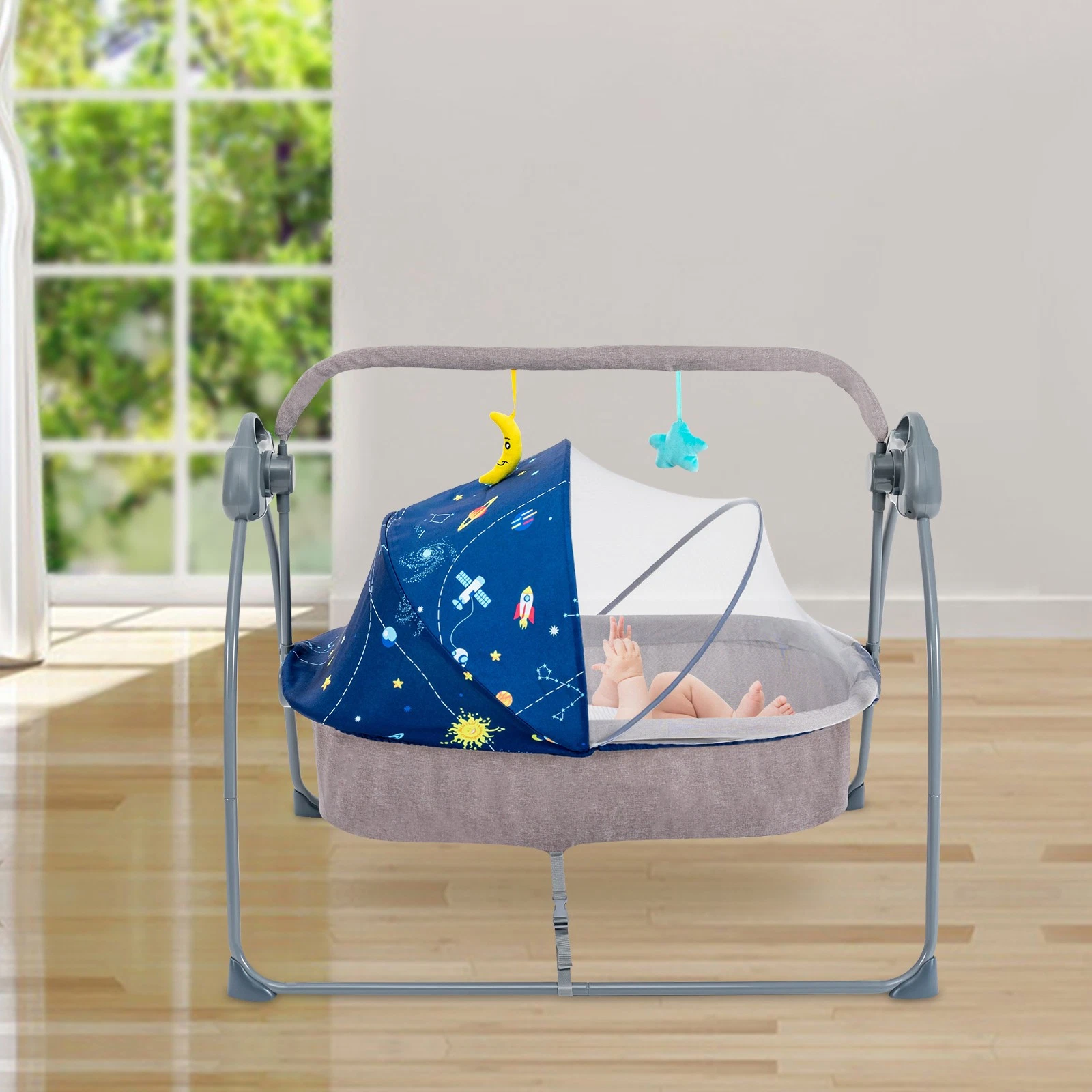 Electric Baby Swing Bluetooth Music Cradle Motorized Rocker Chair 55lbs W/ 2Toys