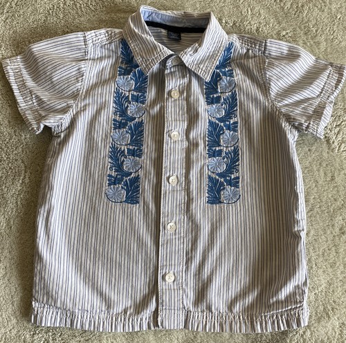 Baby Gap Boys Blue Striped Embroidered Flowers Collared Short Sleeve Shirt 3T