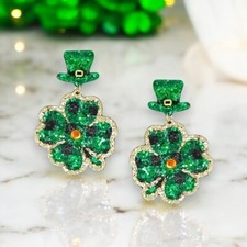 St. Patrick's Day Clover Glitter Dangling Earrings, Green Leprechaun Hat