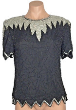 Laurence Kazar Silver Flapper Beaded Evening Formal Silk SEQUIN Gatsby VTG PL