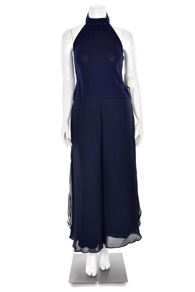 St John Evening Pants sz 8 - Navy Blue 100% Silk Chiffon Wide Leg Pant w/ Slit - Image 3 of 4