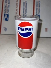 VINTAGE 1980’S PEPSI COLA GLASS RED WHITE BLUE WRAPPED LOGO SODA ADVERTISING