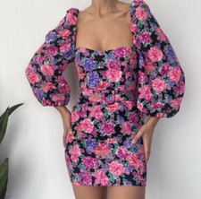 Zara Puff Sleeve Floral Belted Lined Dress, Size M