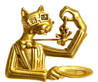 AJC Cat Eating Mouse Brooch Mouse on the Menu Fancy Tom Whimsical Pin 1970s