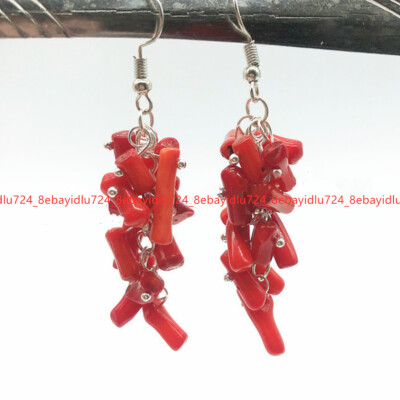 Natural Irregular Red Coral Branch Chip Gems Grape Dangle Silver Hook Earrings