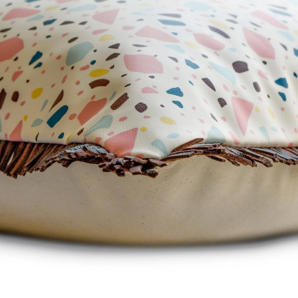 White Lumbar Pillow Cover, 12"x16" Faux Leather Cushion-Terrazo Fun White - Image 2 of 3