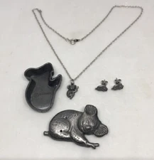 Koala Brooch, Necklace, Earrings & Jewelry Box Set Pewter by Torino