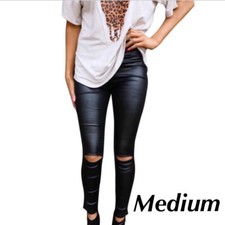 NEW Faux Black Leather Vegan Skinny Leggings Size Medium Cut-out Knees Women  s