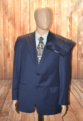 Hart Schaffner Marx Men Gold Trumpeter Navy Blue Pinstripe Suit Sz 40R Wst 34x28