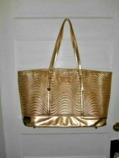 Versace Parfums Gold Ribbed Magnetic Clasp Weekender Travel Tote Large Bag VGUC