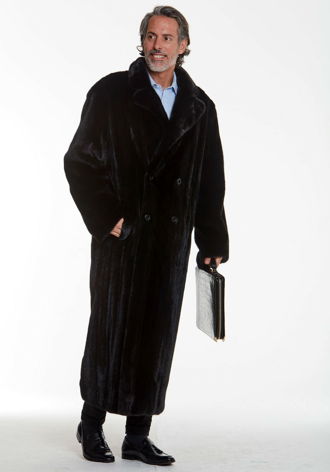 Mens Double Breasted Real Ranch Mink Fur Coat Full Length Long Overcoat Big Tall image 2