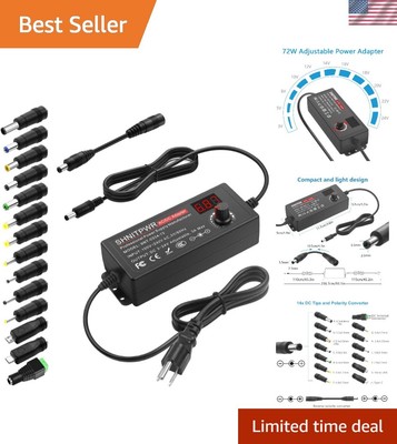 Compact Adjustable 72W AC/DC Power Supply with 14 Tips   Safe for Your Devices