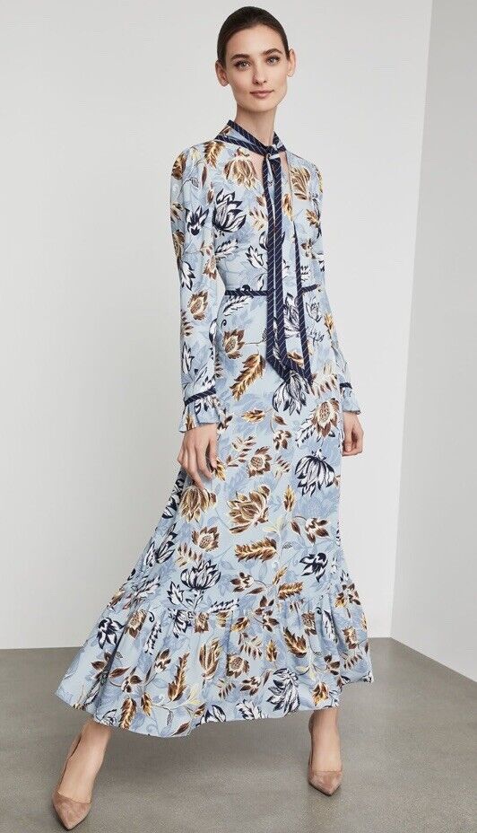 BCBG MAXAZRIA FLORAL LONG SLEEVE TIE NECK MAXI DRESS BLUE BCBG MAXAZRIA FLORAL LONG SLEEVE TIE NECK MAXI DRESS BLUE