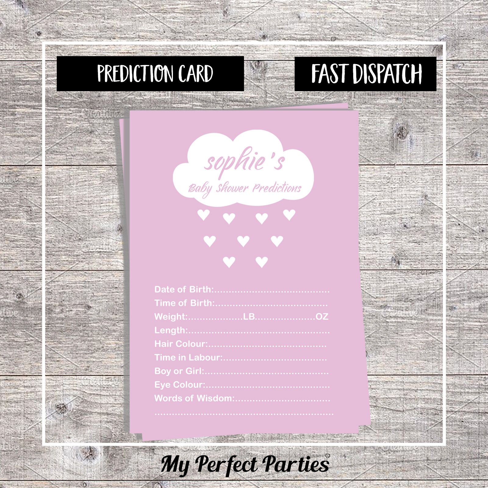 PERSONALISED Baby Shower Game, Pink Cloud, Girl Baby Shower Prediction  Cards | eBay