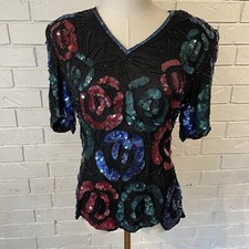 Vintage 80s Stenay 100 Silk Beaded Sequin Blouse Womens Small