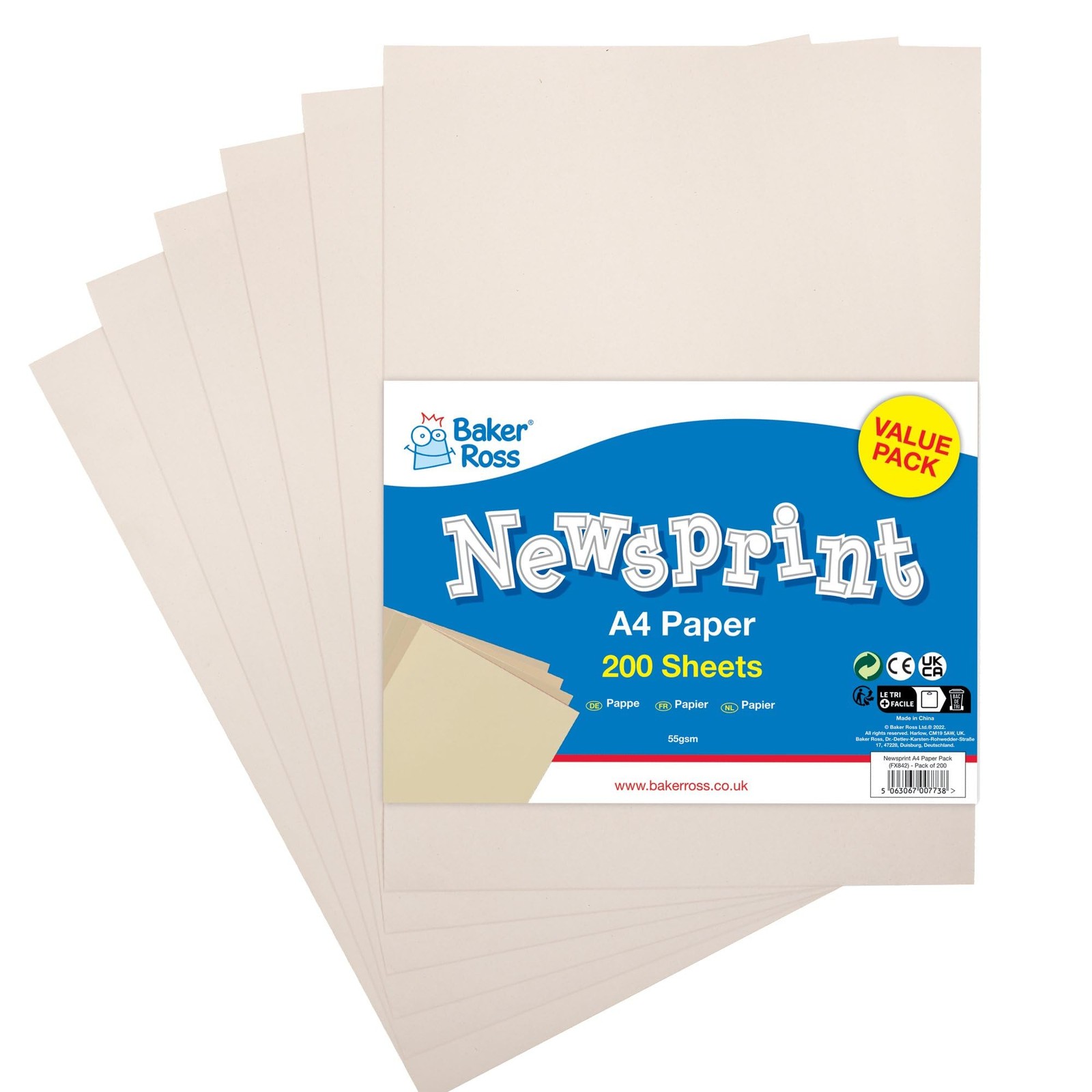 Baker Ross FX842 A4 Newsprint Paper Pack - of 200, for White