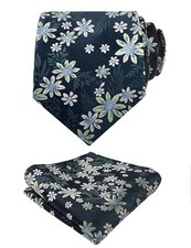 Mens 3.15'' Natural Flower Pattern Tie with Floral Pocket 146-navy green white