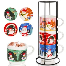 4 Pack Stackable Christmas Mugs, 13.5 OZ Ceramic Coffee Mug with Stand, Holid...