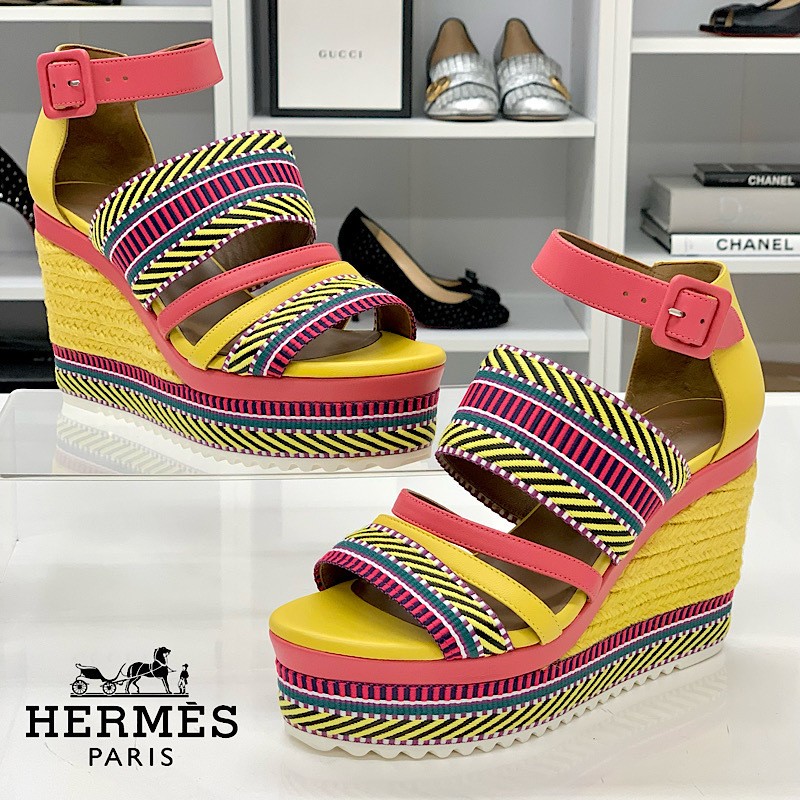 HERMES Leather x Fabric Wedge Sandals Multicolor Size EU 37 Women's thumbnail 19