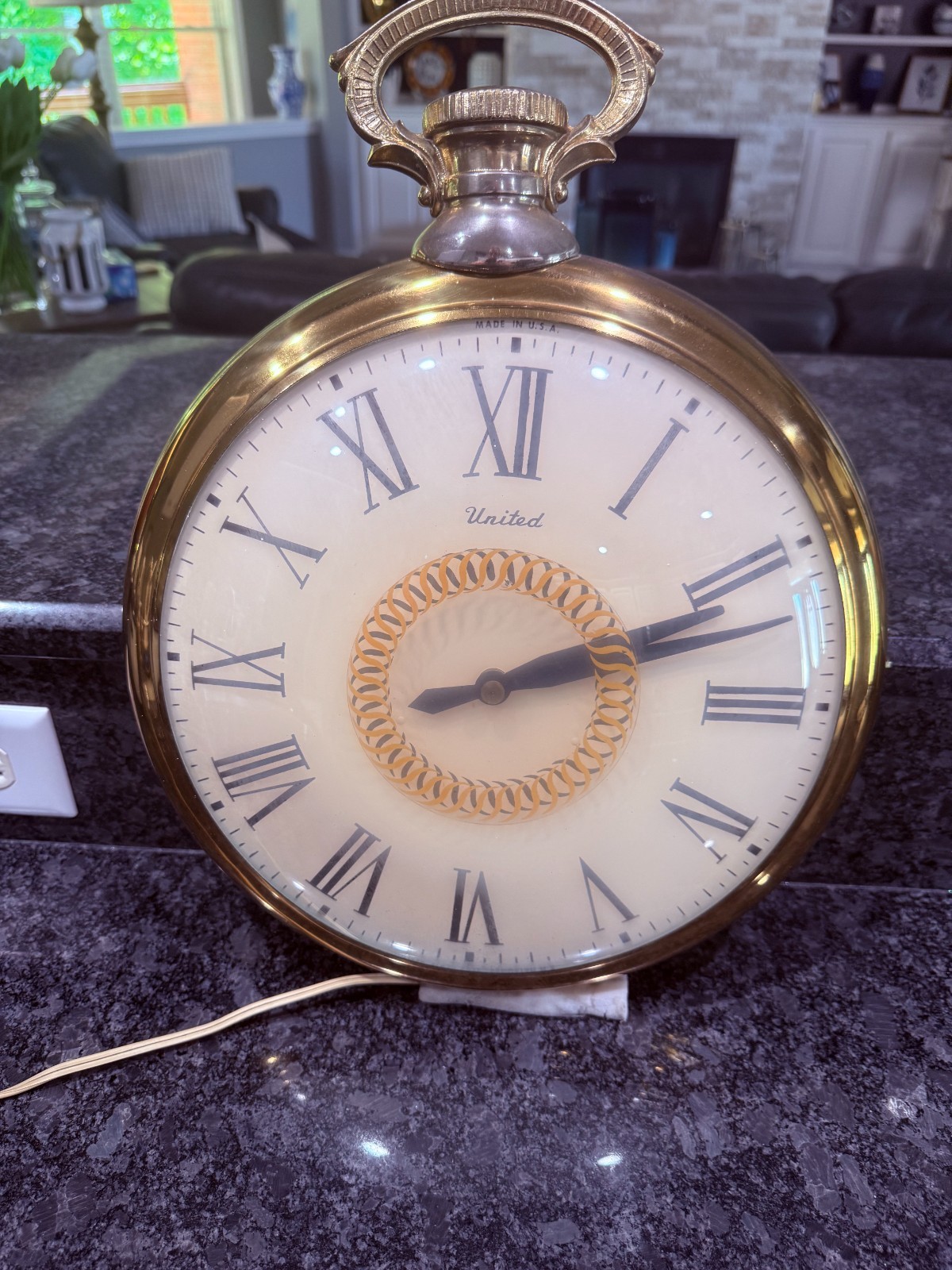Vintage 13" United Clock Corp Brass Pocket Watch Style Wall Clock Model #47