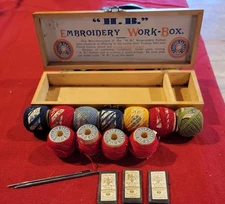 Antique H.B. Embroidery Work Box w/ Original Thread & Royal German Sharp needles