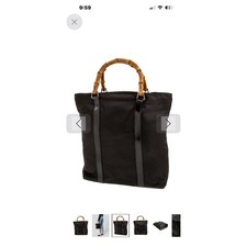Gucci Bamboo Shopper Tote Women Black Canvas Patent Leather Excellent Vintage