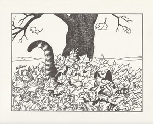 Kliban Cat Art Print Playing in Autumn Leaves Vintage Lithograph Cartoon Kitty