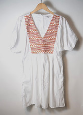 Madewell Embroidered Poplin V-Neck Mini Dress White Orange Puff Sleeve Size M