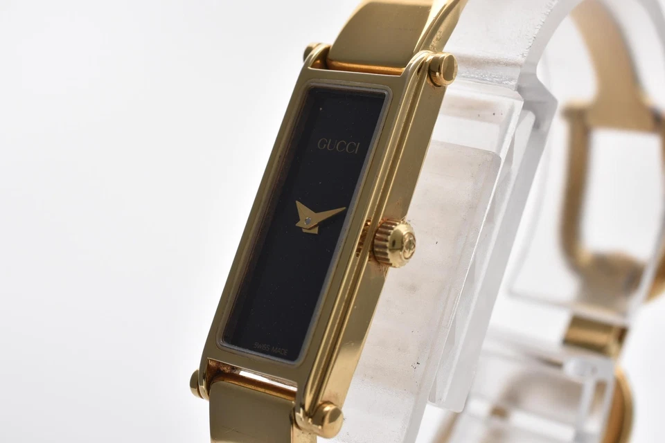 [Exc+5] Reloj brazalete vintage GUCCI 1500L 12 mm esfera negra dorada para mujer de Japón Foto 2 de 4