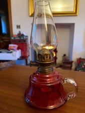 Cranberry Glass finger Oil Lamp Clear Glass Chimney Working VGC