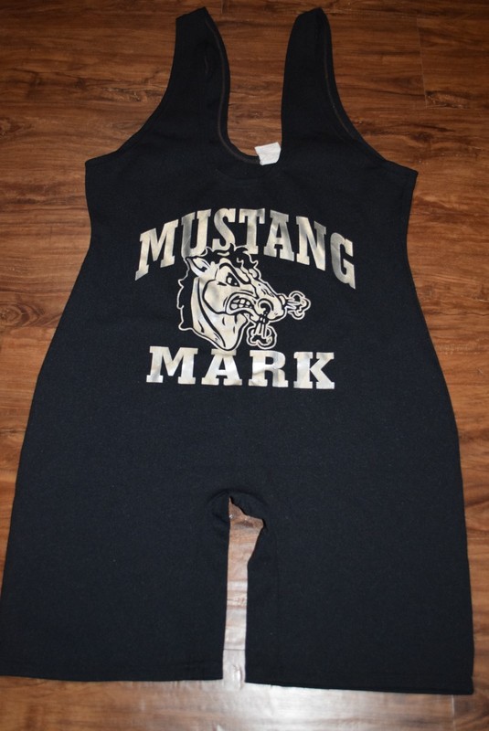 Mustang Mark vtg 80s Black Wrestling Singlet  Check Measurements XL ? 2XL ?