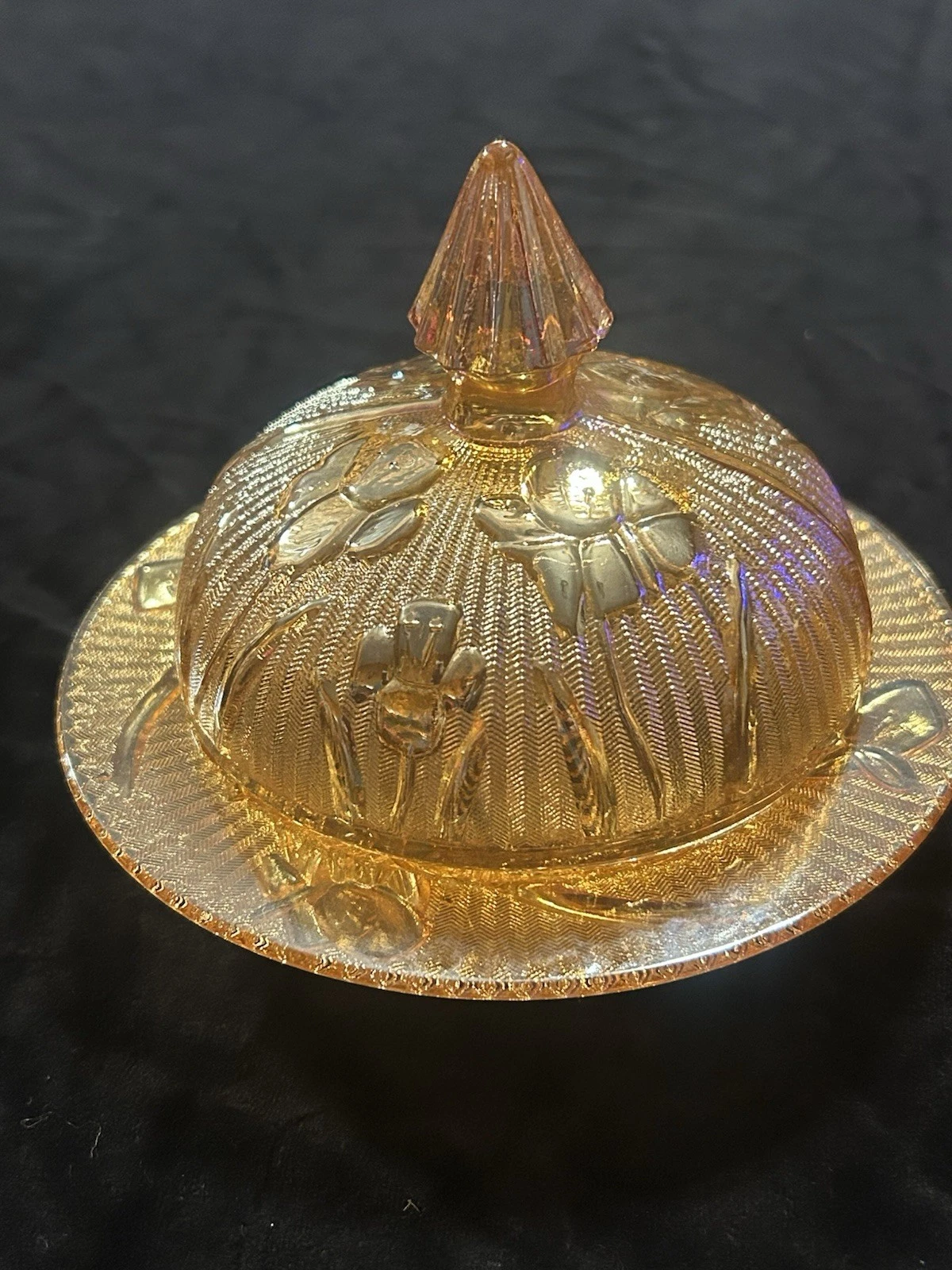 Vintage 1950’s Jeannette Glass "Iris and Herringbone" covered butter dish