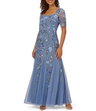 369 Adrianna Papell Blue Beaded Square neck floral short sleeve mesh gown, sz16