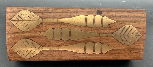 Vintage Wooden Box Case Darts Inlay Brass Wood Holder