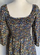 GAP Size M Blue Spring Flowers Puff Sleeve Smocked Tiered Midi Dress w/Pockets