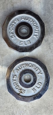 Lot Of 2 Chrome 5lb Sports Authority Standard Size barbell weight plates RARE