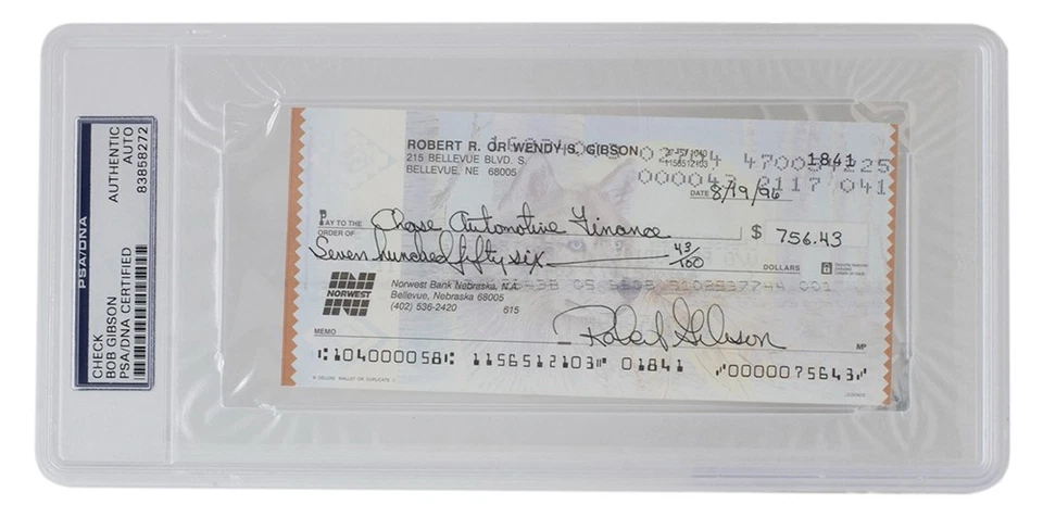 Bob Gibson Signed Slabbed Cardinals  Bank Check #1841 PSA/DNA - Image 2 of 3