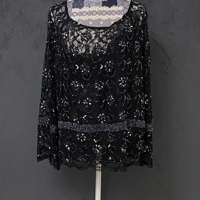 Laurence Kazar Beaded Blouse Womens 3XL Black Sheer Lace Bell Sleeve Whimsigoth