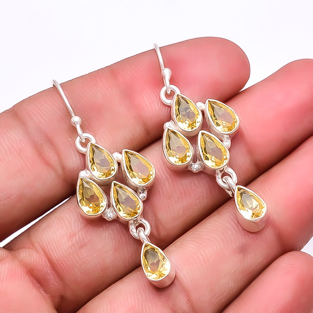 Citrine Multi Gemstone 925 Sterling Silver Handmade Earrings 1.76 Inch E20