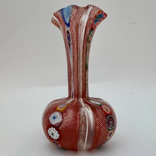 Murano lattice mille fiore Glass Vase Multi Colored - RED Millefiore unsign T804