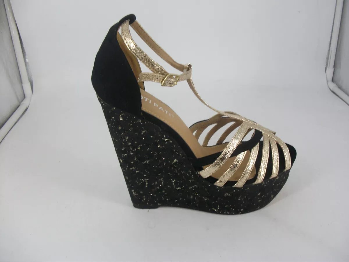 Poti Pati Black and Gold High Wedge T Bar Sandals UK 5 EU 38 JS54