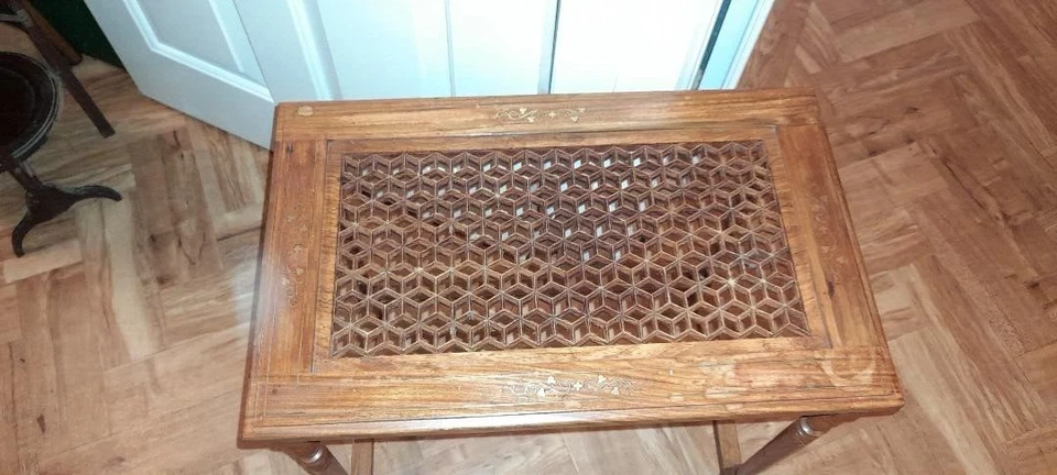 Anglo Indian Brass inlaid Carved Fretwork Wooden Side Coffee lamp Table 54x34cm - Image 2 of 4