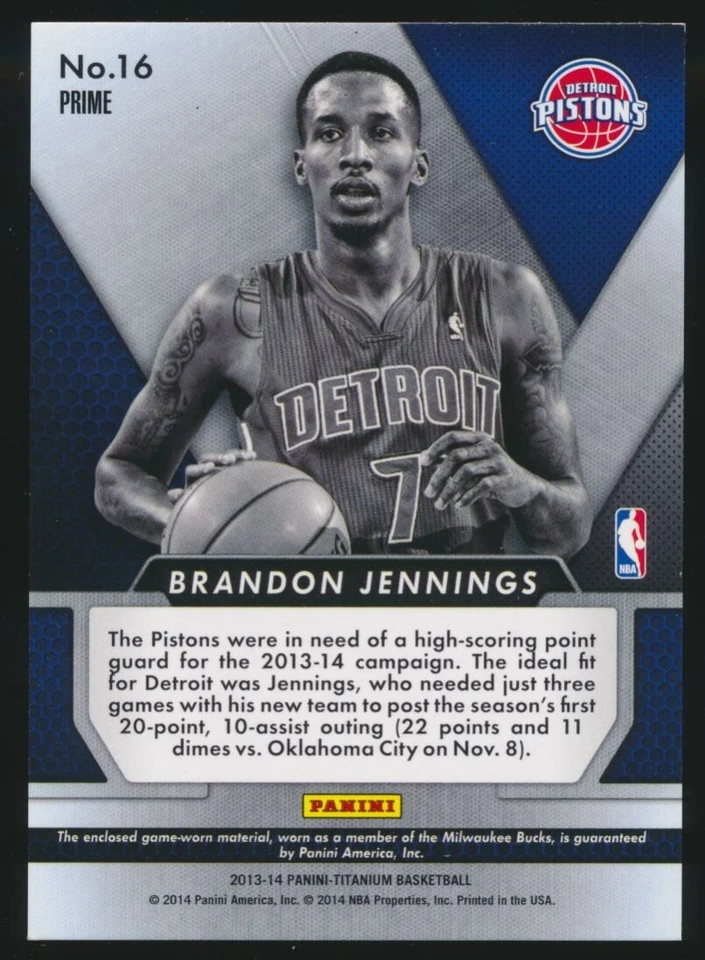 2013-14 Panini Titanium Double-Double Jerseys Prime 13/25 #16 Brandon Jennings - Image 2 of 2