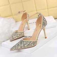 Decolte Scarpe 9 cm Beige Strass Cinturino Eleganti Pelle Sintetica 34334